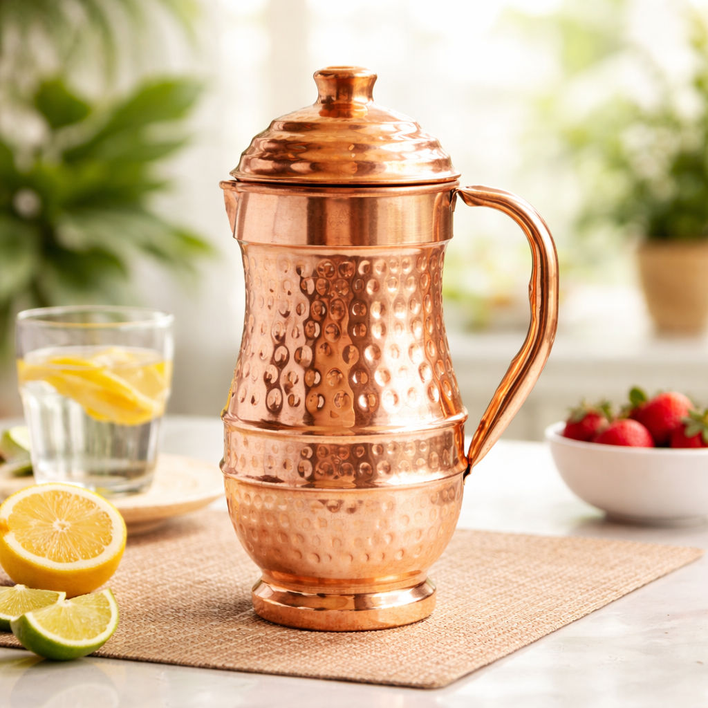 Pure copper hammered maharaja style jug with lid hammered, 1280 ML